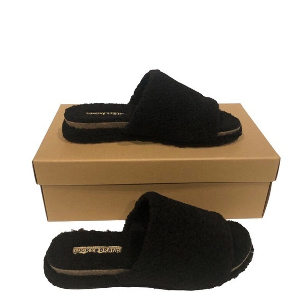 Lucky Brand Gadini Women's Faux Shearling Open Toe Slide Slippers Black Size 9 - Picture 9 of 10